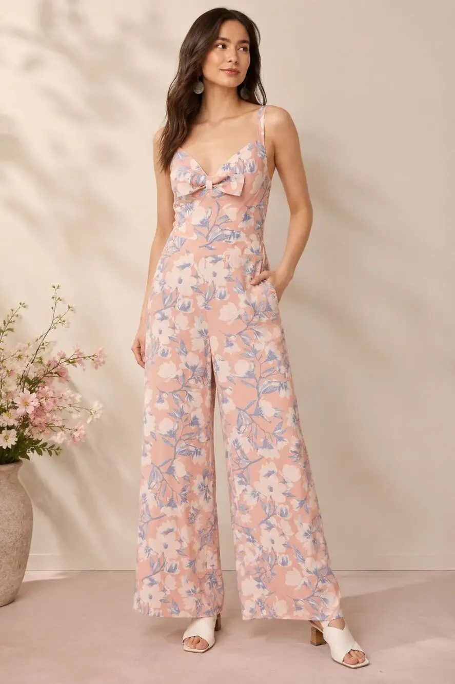 New with Tags Paper Crown Floral Wide Leg Jumpsuit Pink Blue Bow Front Large